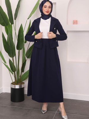 Lacivert Crop Ceket Etekli Takım