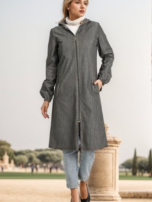 Gri Kapüşonlu Fermuarlı Kot Kap Gri Kapüşonlu Fermuarlı Kot Kap