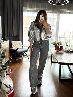 Gri Sıralı Taşlı Jean