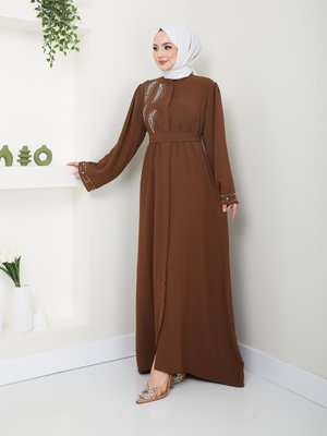 Numara Moda Giyim Ön Ve Kol Taşlı Detaylar Ferace Elbise