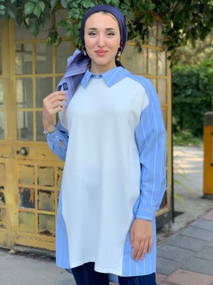 Mavi Önü Örme Kumaş Poplin Tunik Mavi Önü Örme Kumaş Poplin Tunik