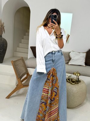 Mavi Tasarım Şal Desen Çift Yırtmaçlı Maksi Uzun Kot Etek