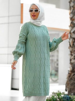 Halat Örgü Balon Kol Triko Tunik Çağla