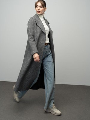 Oversize Çıt Kapamalı Balık Sırtı Desen Ara Boy Kaban Siyah