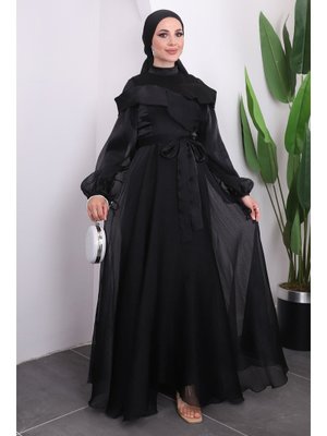 Siyah Ön Detaylı Balon Kol Abiye Elbise