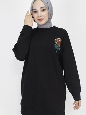 Siyah İp Kumaş Pul İşleme Detaylı Sweatshirt