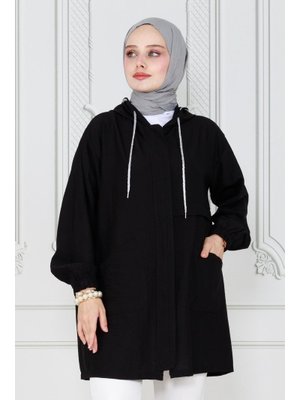 Siyah Fermuarlı Kapüşonlu Kap Siyah Fermuarlı Kapüşonlu Kap