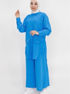 Saks Sahte Cep Detaylı Ve Yakma Desenli Takım