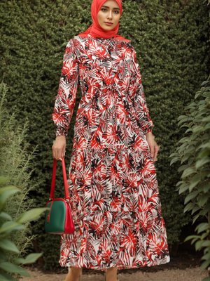 Kırmızı Palmiye Desenli Viskon Elbise Kırmızı Palmiye Desenli Viskon Elbise