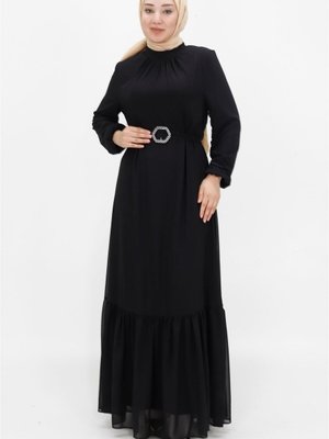 Siyah Şifon Kumaş Balon Kol Abiye Elbise Siyah Şifon Kumaş Balon Kol Abiye Elbise