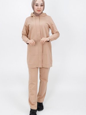 Bej Taş Detaylı Kapişonlu 2ip Kumaş Takım Bej Taş Detaylı Kapişonlu 2ip Kumaş Takım