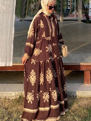 Kahve Kamel Etnik Desen Premium Kumaş Desenli Viskon Elbise