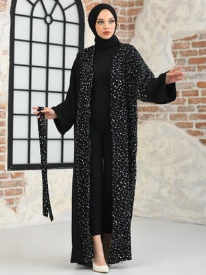 Garnili Önü Açık Puantıiyeli Ferace Siyah Garnili Önü Açık Puantıiyeli Ferace Siyah