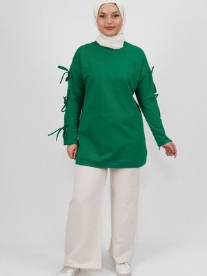 Yeşil Kolu Bağlama Detaylı İplik Kumaş Sweatshirt Yeşil Kolu Bağlama Detaylı İplik Kumaş Sweatshirt