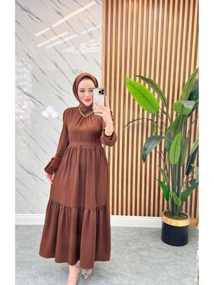Kahverengi Yakası Büzgü Detaylı Ayrobin Elbise Kahverengi Yakası Büzgü Detaylı Ayrobin Elbise