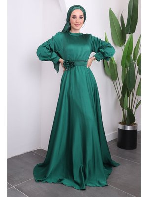 Yeşil Balon Kol Piliseli Saten Abiye Elbise