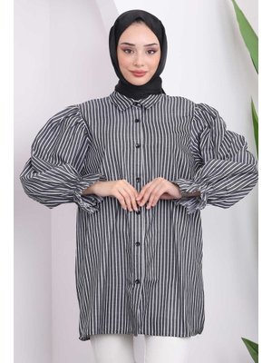 Siyah Kol Lastikli Beli İpli Çizgili Tunik