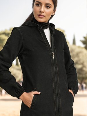 Siyah Kapüşonlu Fermuarlı Kot Kap Siyah Kapüşonlu Fermuarlı Kot Kap