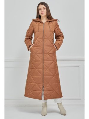 Taba Kapüşonlu Fermuar Kapamalı Büyük Beden Kapitone Kap