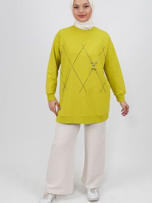 Yağ Yeşili Taş Desenli İplik Sweatshirt