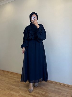 Lacivert Fırfırlı Şifon Elbise