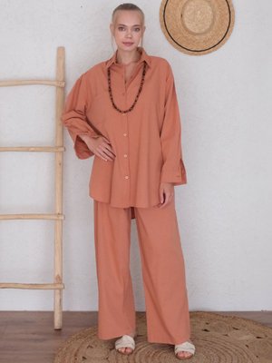 Turuncu Organik Keten Cepli Kısa Gömlek & Bol Paça Pantolon Takım