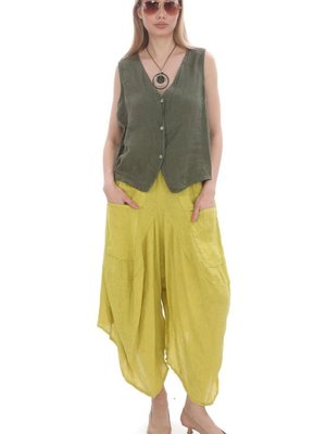 Sarı İtalyan Cepli Keten Şalvar