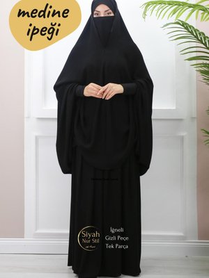 İğneli Gizli Peçeli Tek Parça Medine İpeği Çarşaf