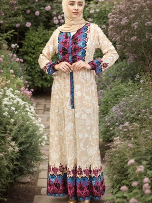 Bej Desenli Viskon Elbise Bej Desenli Viskon Elbise