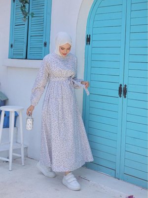 Gri Keten Çiçek Desenli Elbise