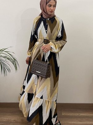 Bej Siyah Zikzak Desen Kemerli Oversize Yazlık Viskon Elbise