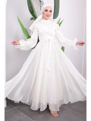 Ekru Ön Detaylı Balon Kol Abiye Elbise