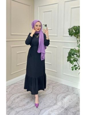 Siyah Etek Fırfır Detaylı Elbise