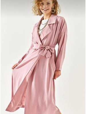 Pembe Ekstra Bol Kesim Salaş Kemerli Cepli Düğmeli Yumuşak Dokulu Uzun Hırka Trençkot Pembe Ekstra Bol Kesim Salaş Kemerli Cepli Düğmeli Yumuşak Dokulu Uzun Hırka Trençkot