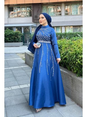 İndigo Karsu Krep Saten Abiye Elbise