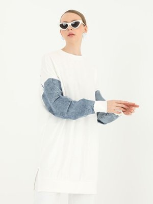 Ekru İp Kumaş Kolları Kot Detaylı Sweatshirt Ekru İp Kumaş Kolları Kot Detaylı Sweatshirt