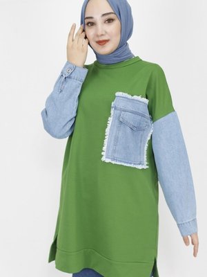 Haki İp Kumaş Kot Cep Detaylı Sweatshirt Haki İp Kumaş Kot Cep Detaylı Sweatshirt