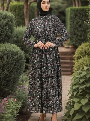 Siyah Desenli Viskon Elbise Siyah Desenli Viskon Elbise