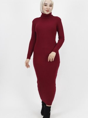 Bordo Boğazalı Fitilli Triko Elbise Bordo Boğazalı Fitilli Triko Elbise