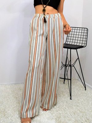 Kiremit Bej Dik Çizgili Beli Lastikli Cepli Pantolon Kiremit Bej Dik Çizgili Beli Lastikli Cepli Pantolon