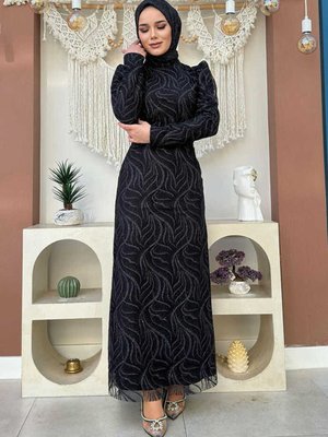 Dal Desenli Simli Tül Büyük Beden Abiye Elbise Siyah Dal Desenli Simli Tül Büyük Beden Abiye Elbise Siyah