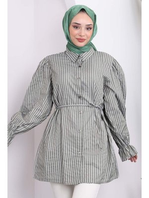 Haki Kol Lastikli Beli İpli Çizgili Tunik Haki Kol Lastikli Beli İpli Çizgili Tunik