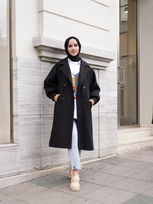 Balon Kol Uzun Kuşaklı Kaşe Kaban