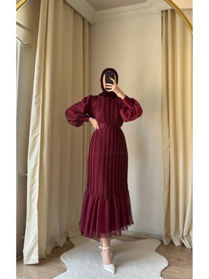 Janjan Piliseli Abiye Elbise Bordo