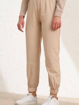 Bej Beli Lastikli Jogger Pantolon