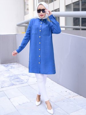 Yandan Üç Düğmeli Çift Cepli Gömlek Tunik İndigo