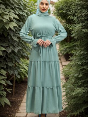 Çağla Yeşili Kolları Volanlı Kuşaklı Elbise Çağla Yeşili Kolları Volanlı Kuşaklı Elbise