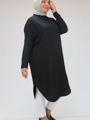 Siyah Büyük Beden Düşük Kol Altı Oval Bürümcük Tunik