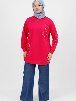 Fuşya İnci Taş Detaylı İplik Sweatshirt