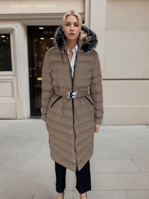 Vizon Kürk Kapüşonlu Kemerli Şişme Mont Vizon Kürk Kapüşonlu Kemerli Şişme Mont